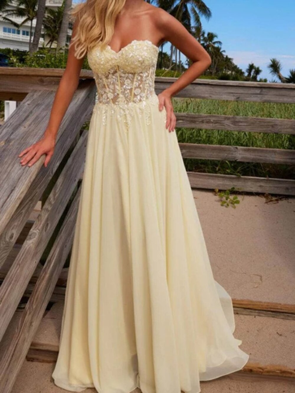 NWT Nox Anabel C1617 Strapless Lace Applique Chiffon Prom Dress Lemon size 6